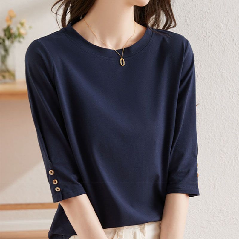 紐扣設計時尚休閒百搭顯瘦七分中袖T恤