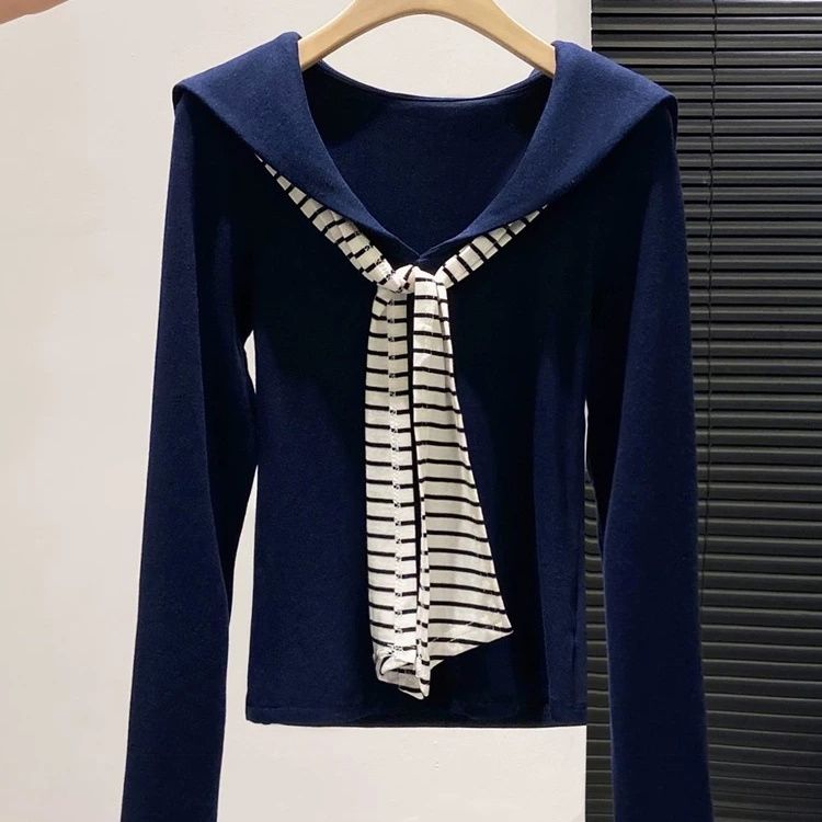 海軍領條紋領帶拼接修身顯瘦長袖T恤-HaloBless