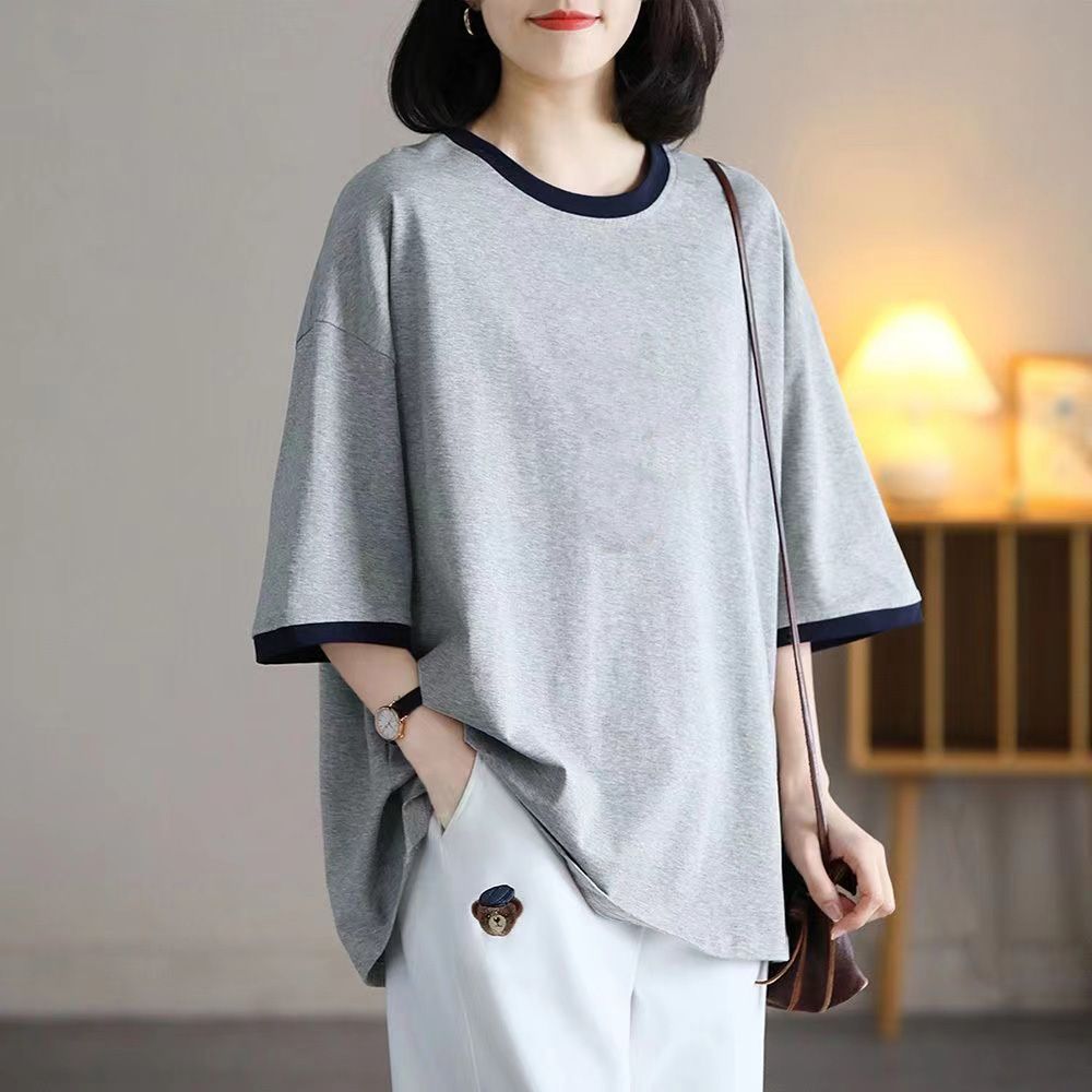 韓版百搭減齡寬鬆顯瘦拼接純棉短袖-HaloBless