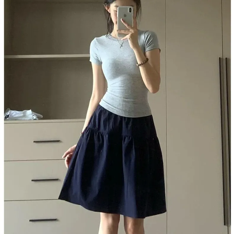 【單件販售】韓系穿搭甜美減齡印花短袖T恤+高腰學院風百搭半身裙兩件套