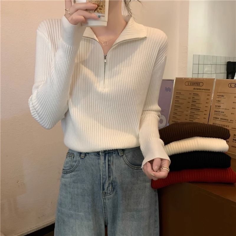 慵懶風半拉鍊高領寬鬆顯瘦內搭長袖針織衫