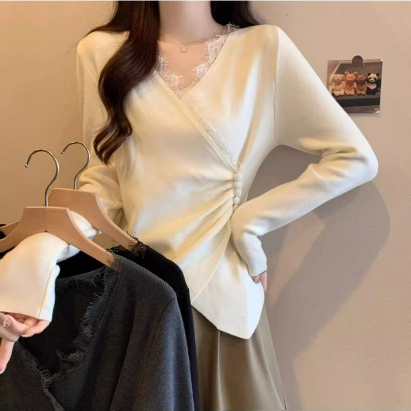 大碼德絨蕾絲拼接V領不規則交叉長袖T恤