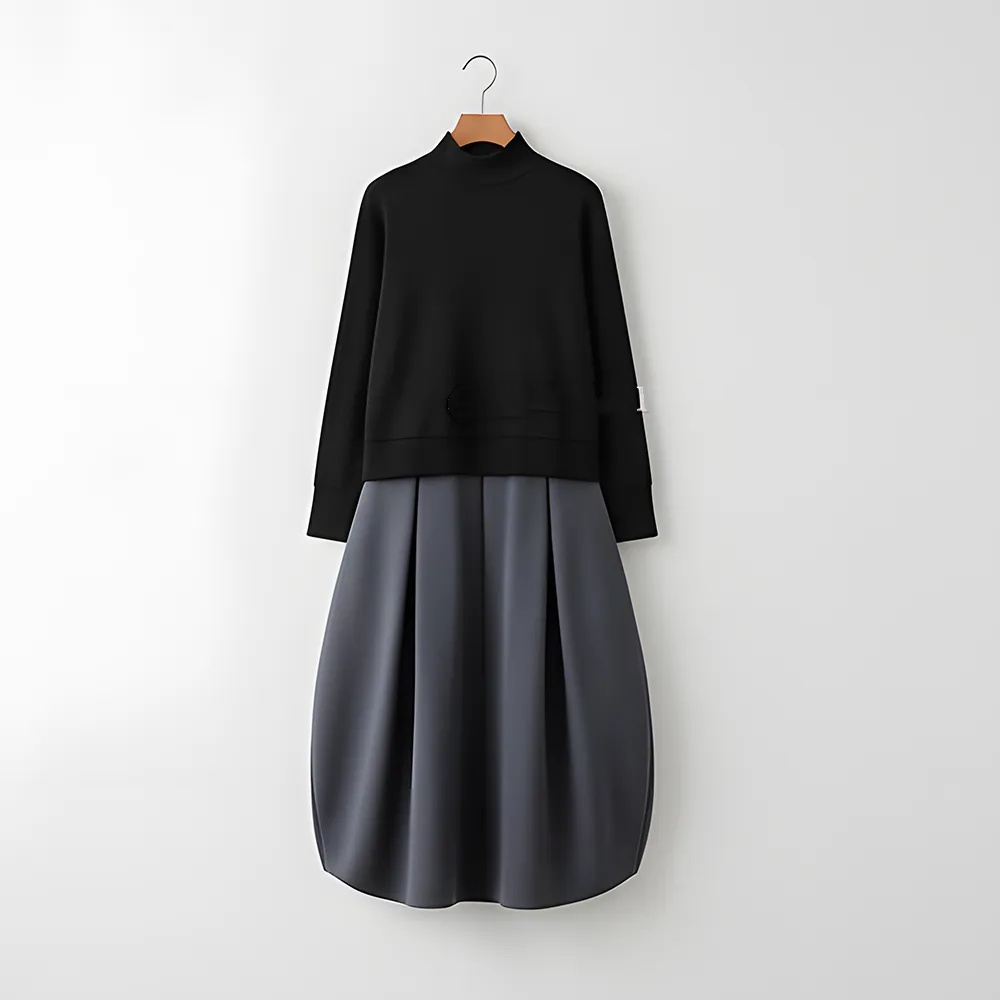 日韓休閑圓領長袖潮流拼色假兩件洋裝