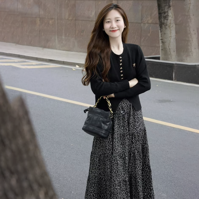 【單件/套裝】法式氣質蝴蝶結別緻針織開衫+修身碎花半身裙兩件套裝-HaloBless