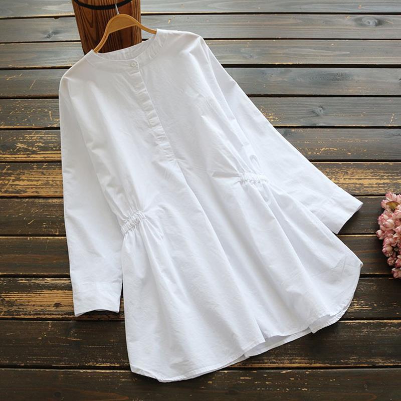 純棉寬鬆顯瘦圓領收腰時尚休閒復古襯衫-HaloBless