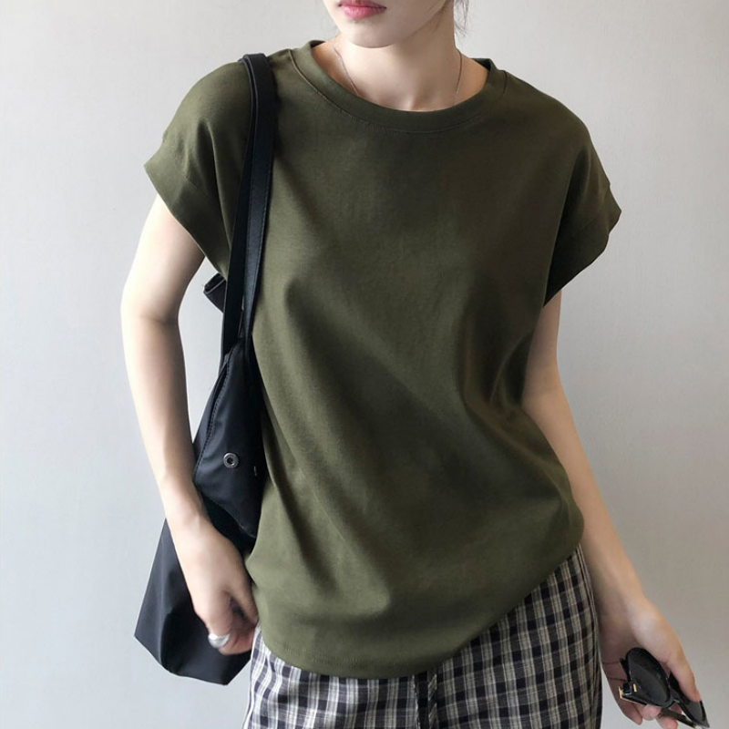 純棉落肩袖高級感寬鬆減齡洋氣短袖t恤-HaloBless