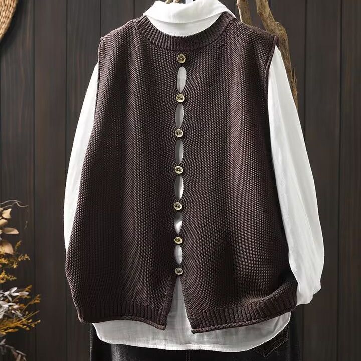 【單件/套裝】後背紐扣針織馬甲+寬鬆百搭襯衫疊穿兩件套裝-HaloBless