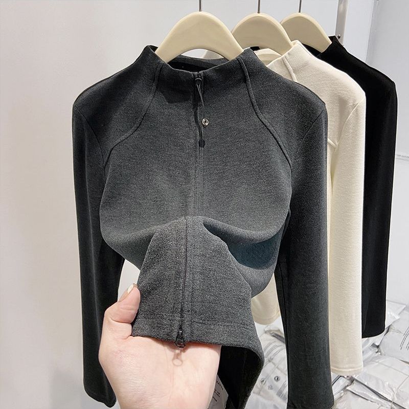 半高領德絨顯瘦修身拉鏈開衫外套