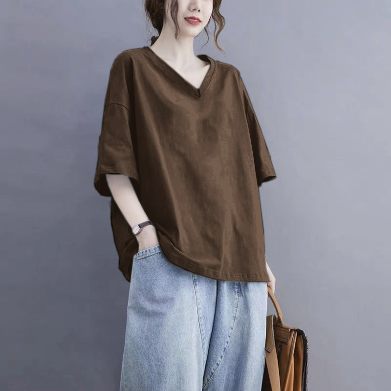 美式慵懶風設計感小眾純棉V領短袖t恤-HaloBless