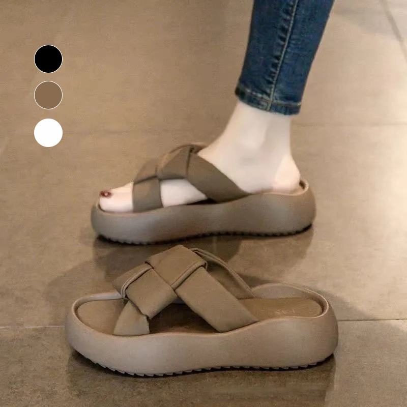 時尚外穿厚底編織平底高級感一字涼拖鞋-HaloBless