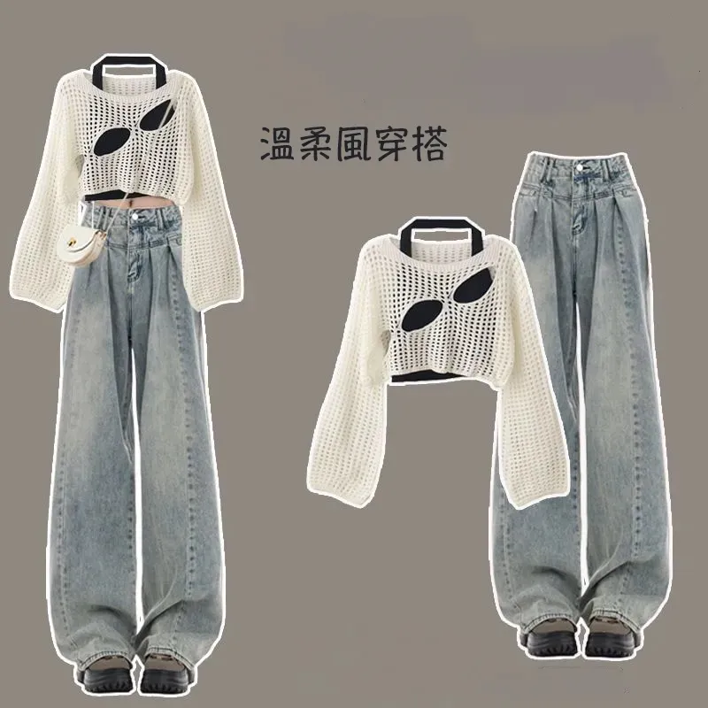 【單件/整套】溫柔系穿搭韓版設計感罩衫吊帶牛仔褲三件套-HaloBless