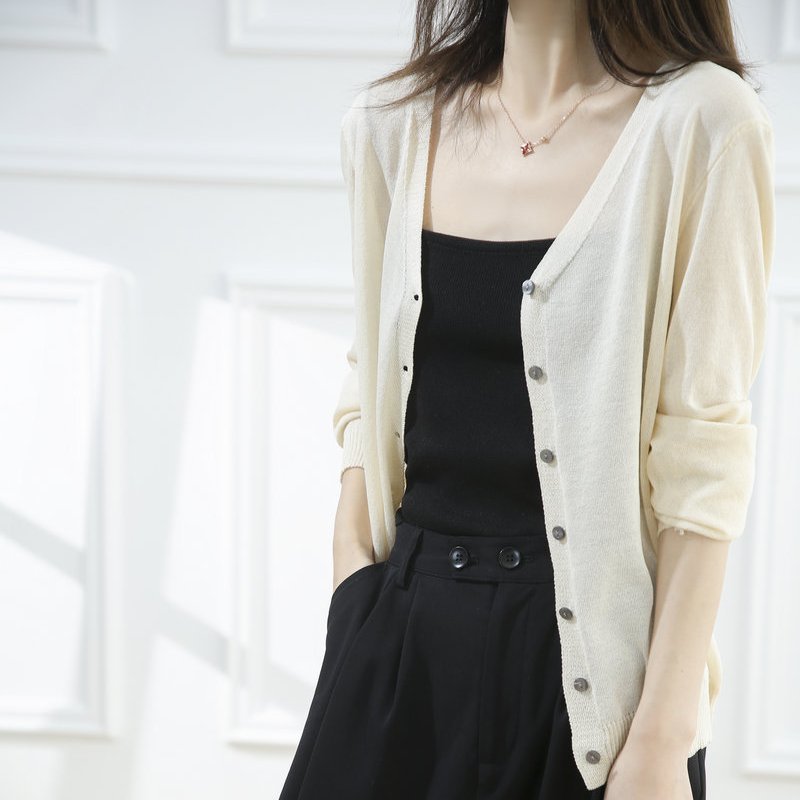 V領針織開衫冰絲防曬短款長袖針織開衫