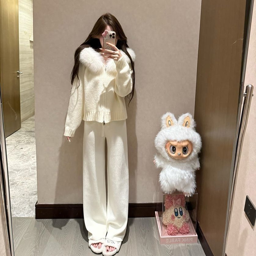 【單件/套裝】寬鬆慵懶風毛領連帽拉鏈開衫+百搭顯瘦闊腿褲兩件套裝