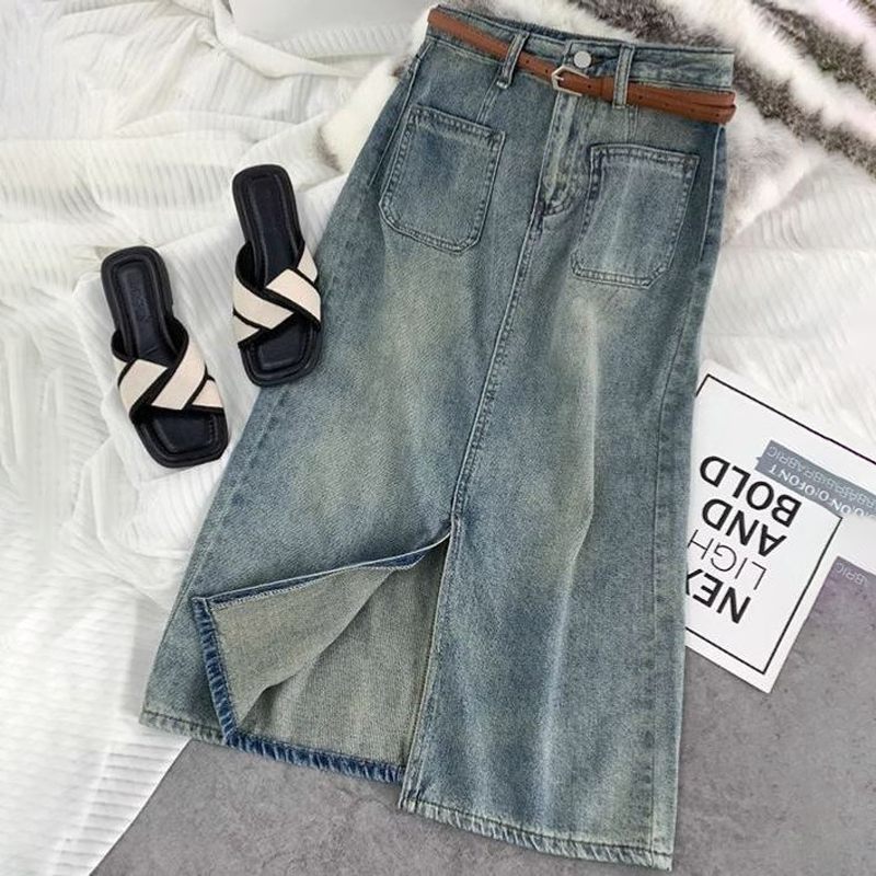 高腰大碼休閒A字顯瘦開叉牛仔半身裙-HaloBless