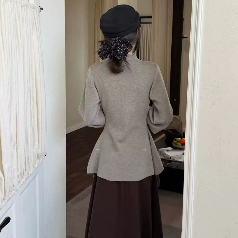 法式半高領燈籠袖獨特收腰慵懶氣質針織毛衣