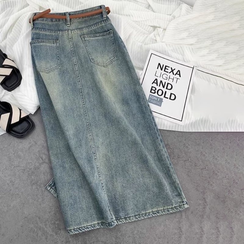 高腰大碼休閒A字顯瘦開叉牛仔半身裙-HaloBless