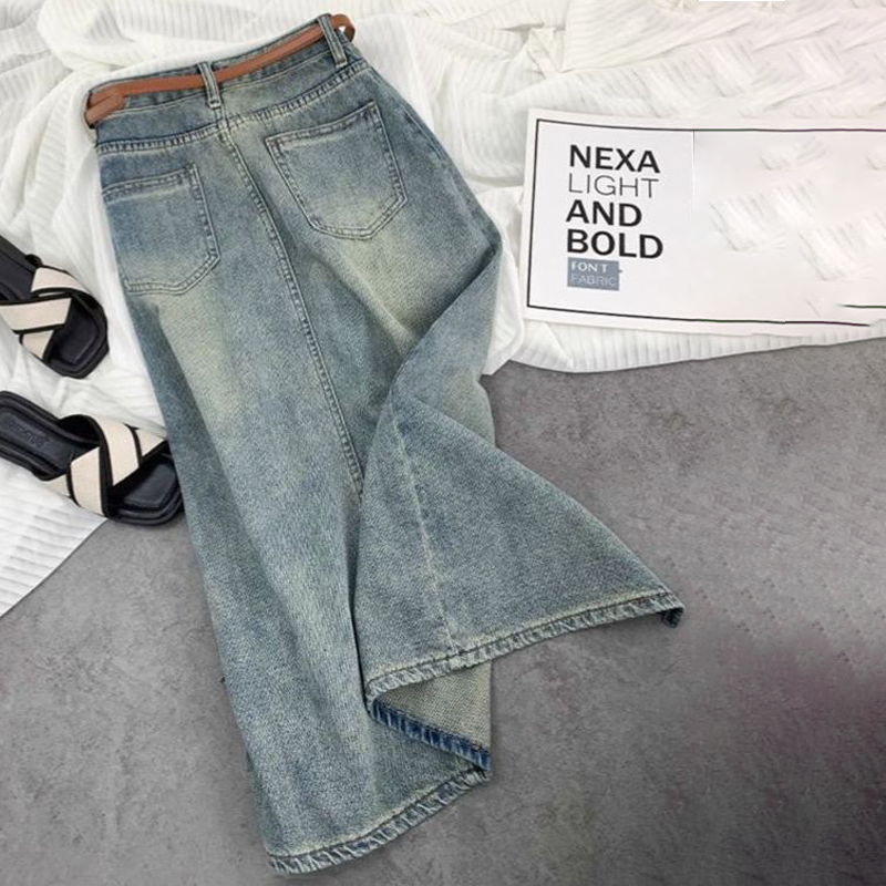 高腰大碼休閒A字顯瘦開叉牛仔半身裙-HaloBless