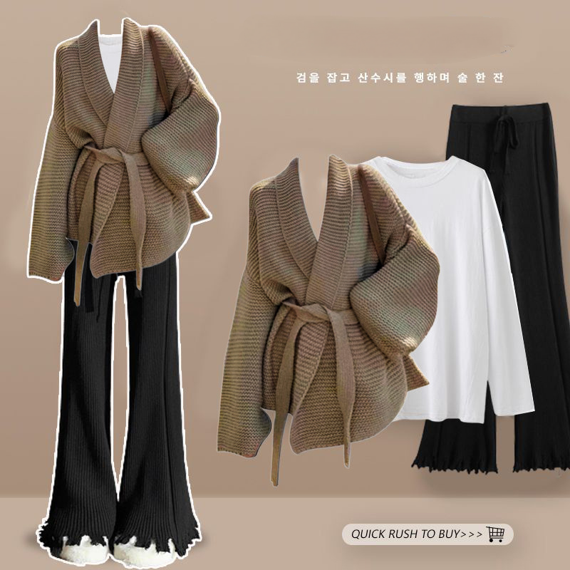 【單買/整買】氣質針織開衫+簡約T恤+微喇褲三件套裝-HaloBless