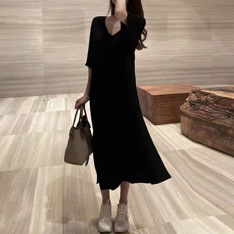 慵懶風大碼素色露背薄款V領短袖洋裝-HaloBless