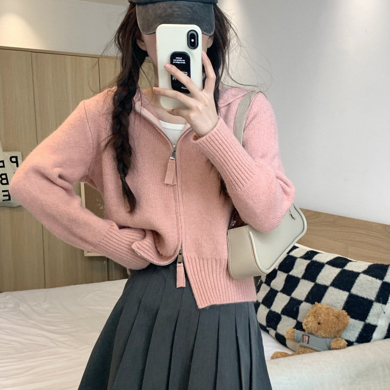 慵懶風拉鍊正肩短版外套連帽針織開衫