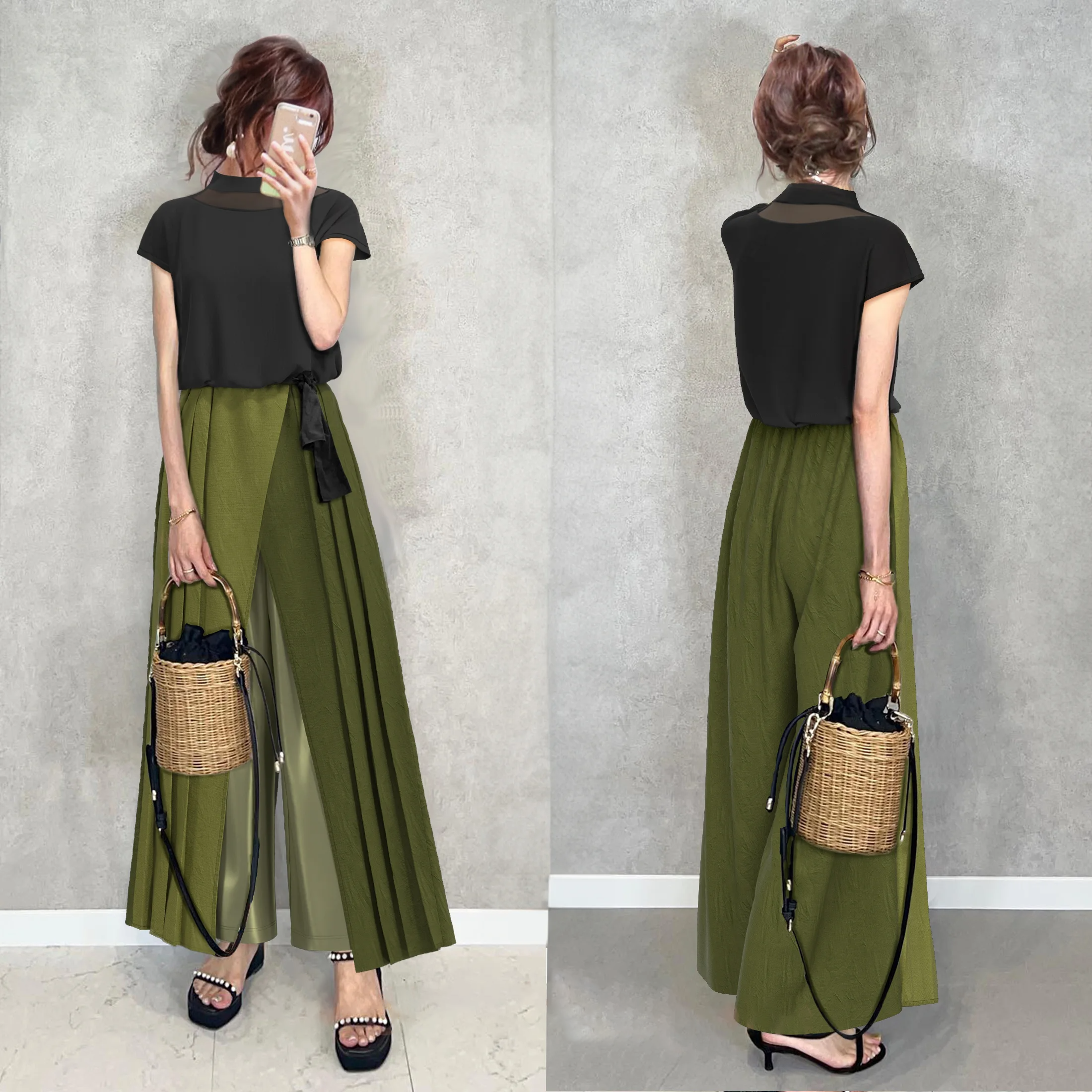 日韓休閒短袖時尚壓褶褲子兩件套裝-HaloBless