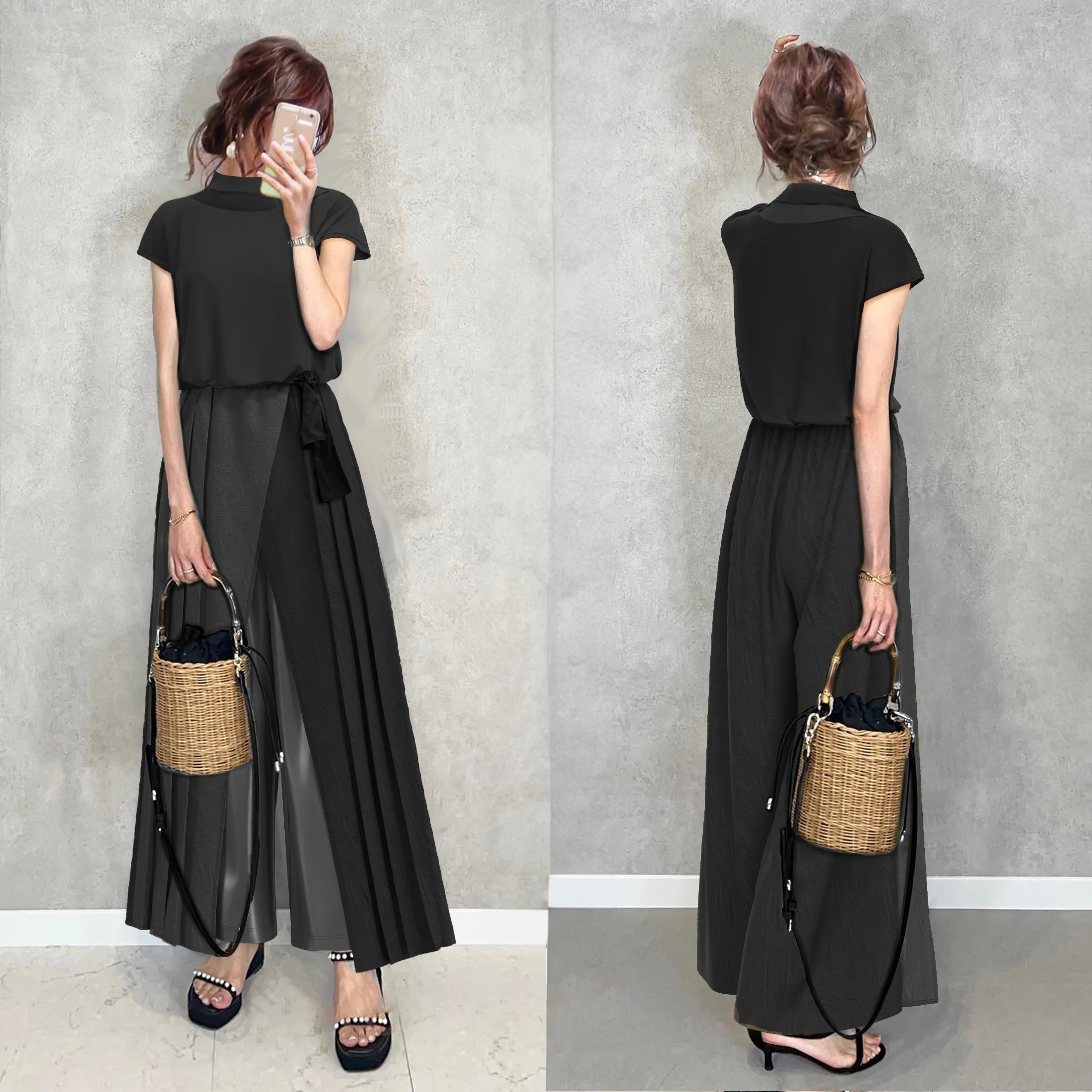 日韓休閒短袖時尚壓褶褲子兩件套裝-HaloBless