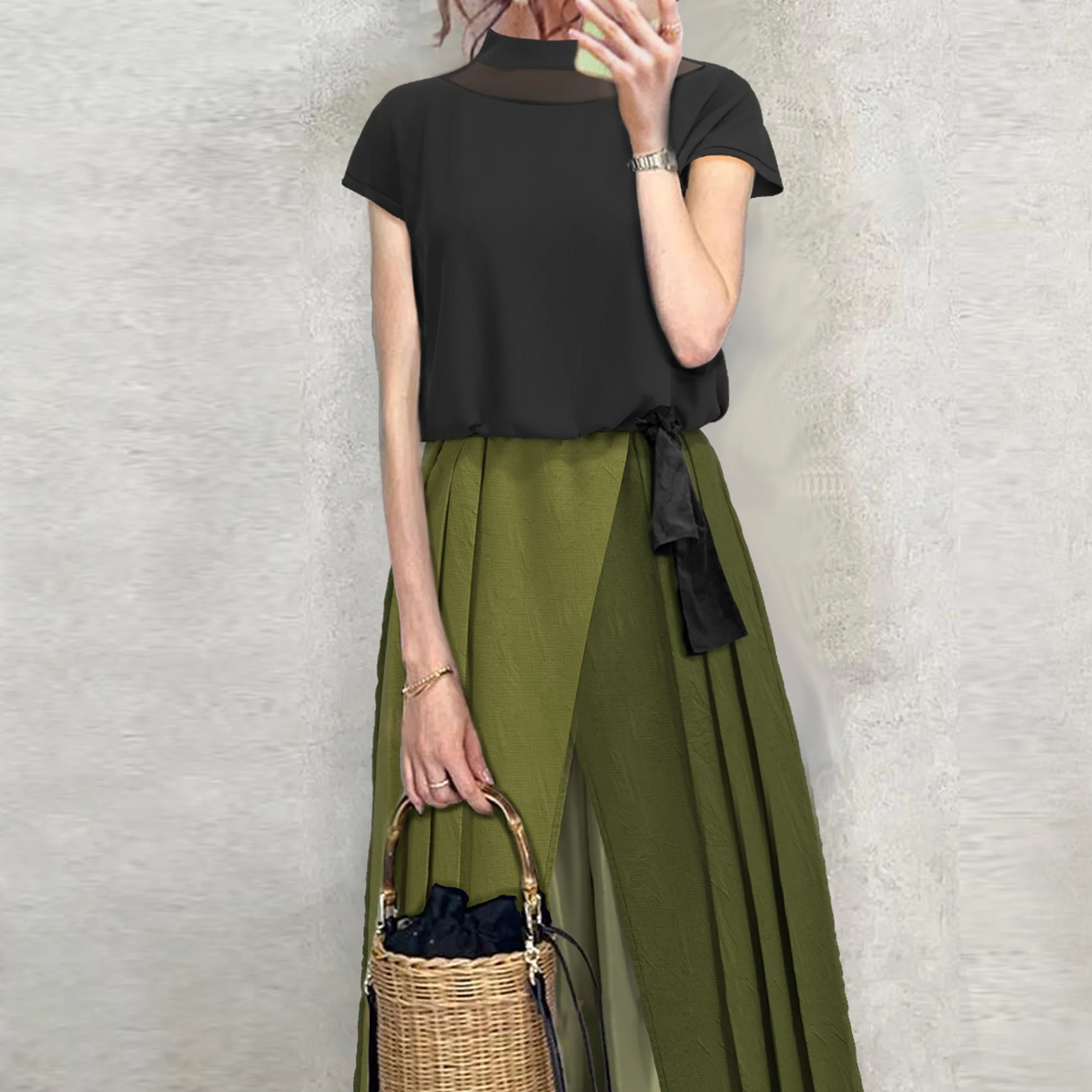 日韓休閒短袖時尚壓褶褲子兩件套裝-HaloBless