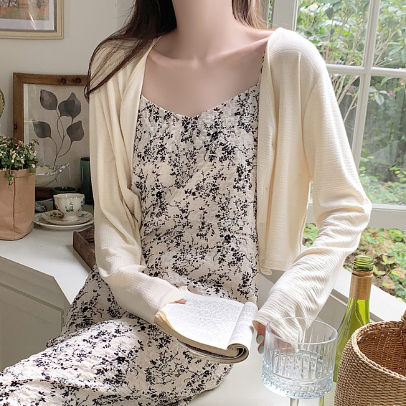 【單件/套裝】新中式碎花吊帶連身裙+針織長袖開衫兩件套裝-HaloBless