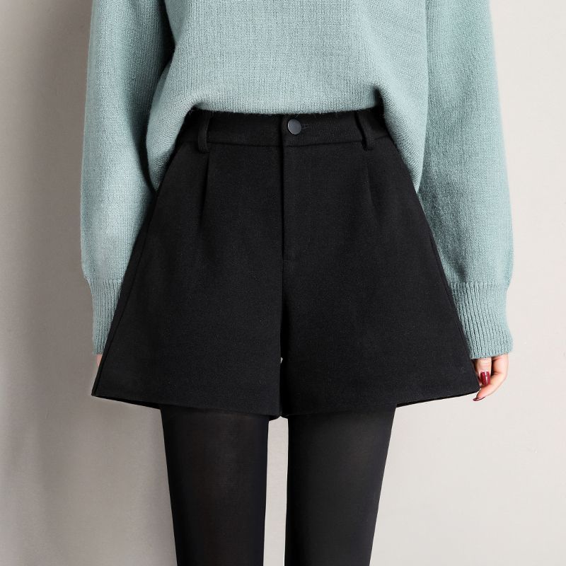 顯瘦毛呢加厚寬鬆A字高腰闊腿短褲