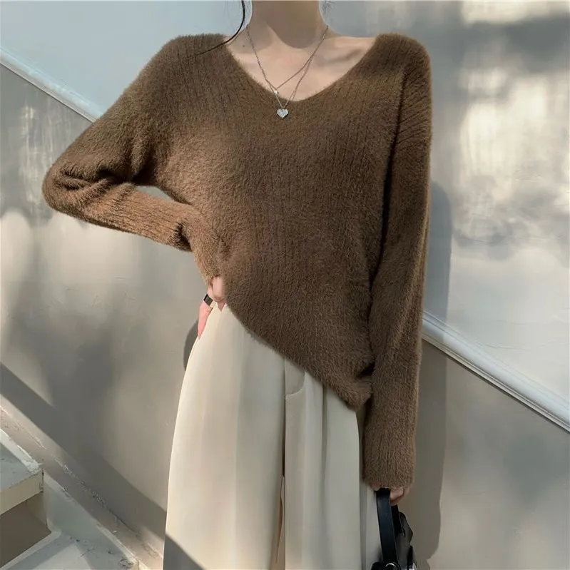 復古仿水貂毛V領軟糯寬鬆慵懶風內搭毛衣