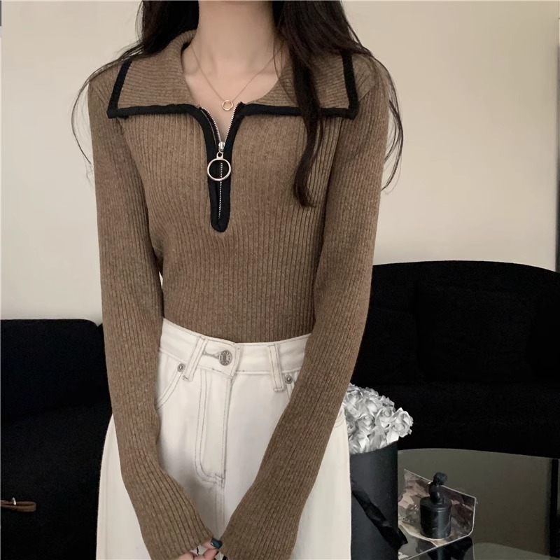 設計感撞色半拉鏈翻領修身顯瘦針織毛衣