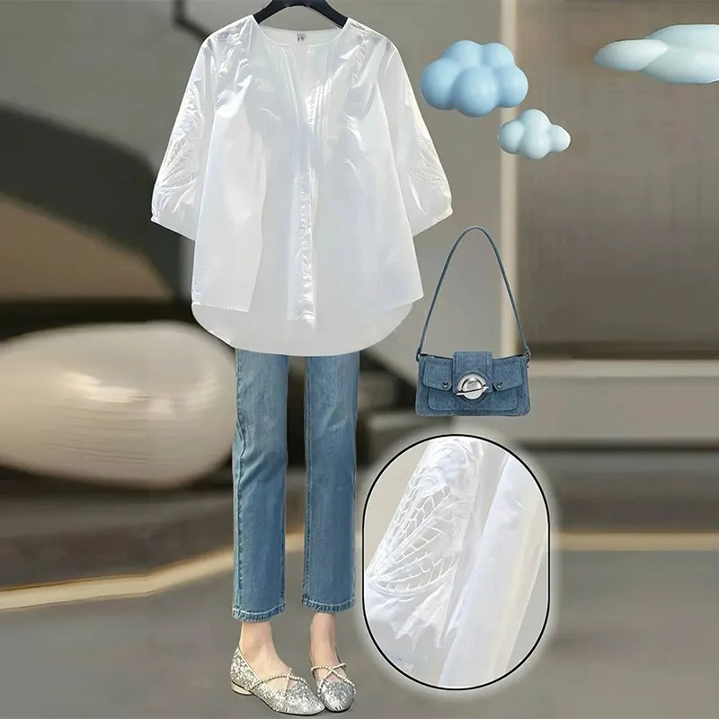 韓版純棉鏤空繡花清新寬鬆中袖襯衫-HaloBless