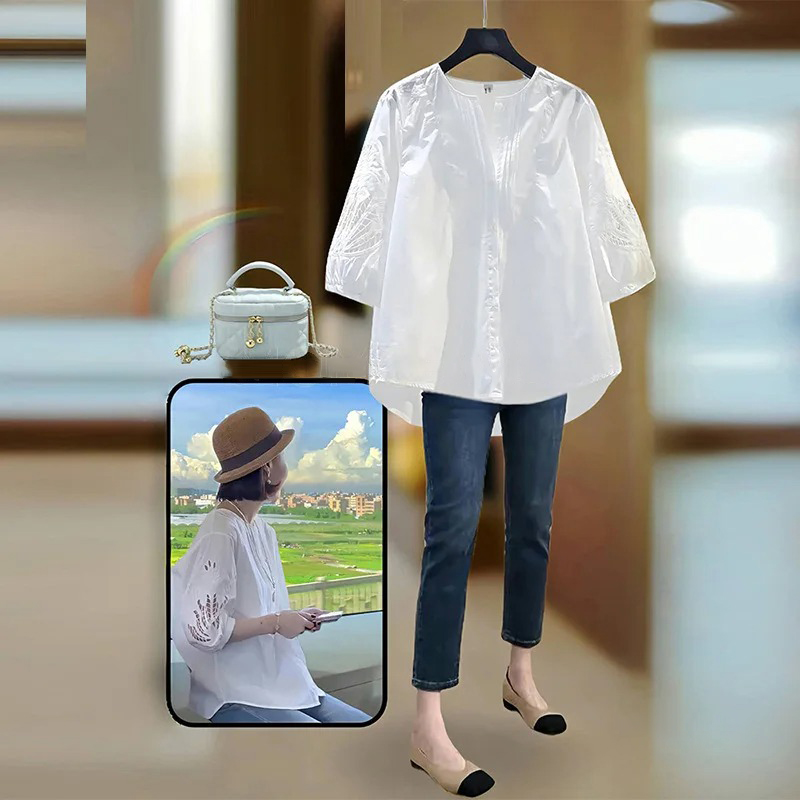 韓版純棉鏤空繡花清新寬鬆中袖襯衫-HaloBless