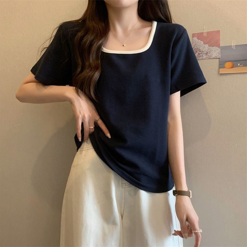 寬鬆大碼顯瘦方領洋氣百搭正肩短袖T恤
