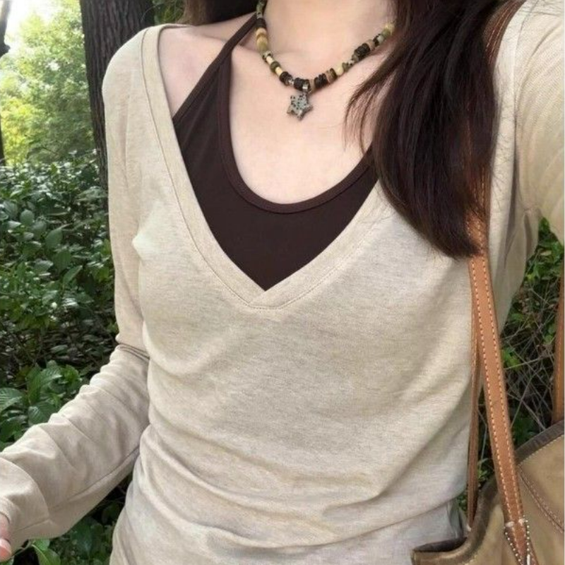 疊穿美式辣妹修身長袖罩衫+掛脖背心真兩件長袖