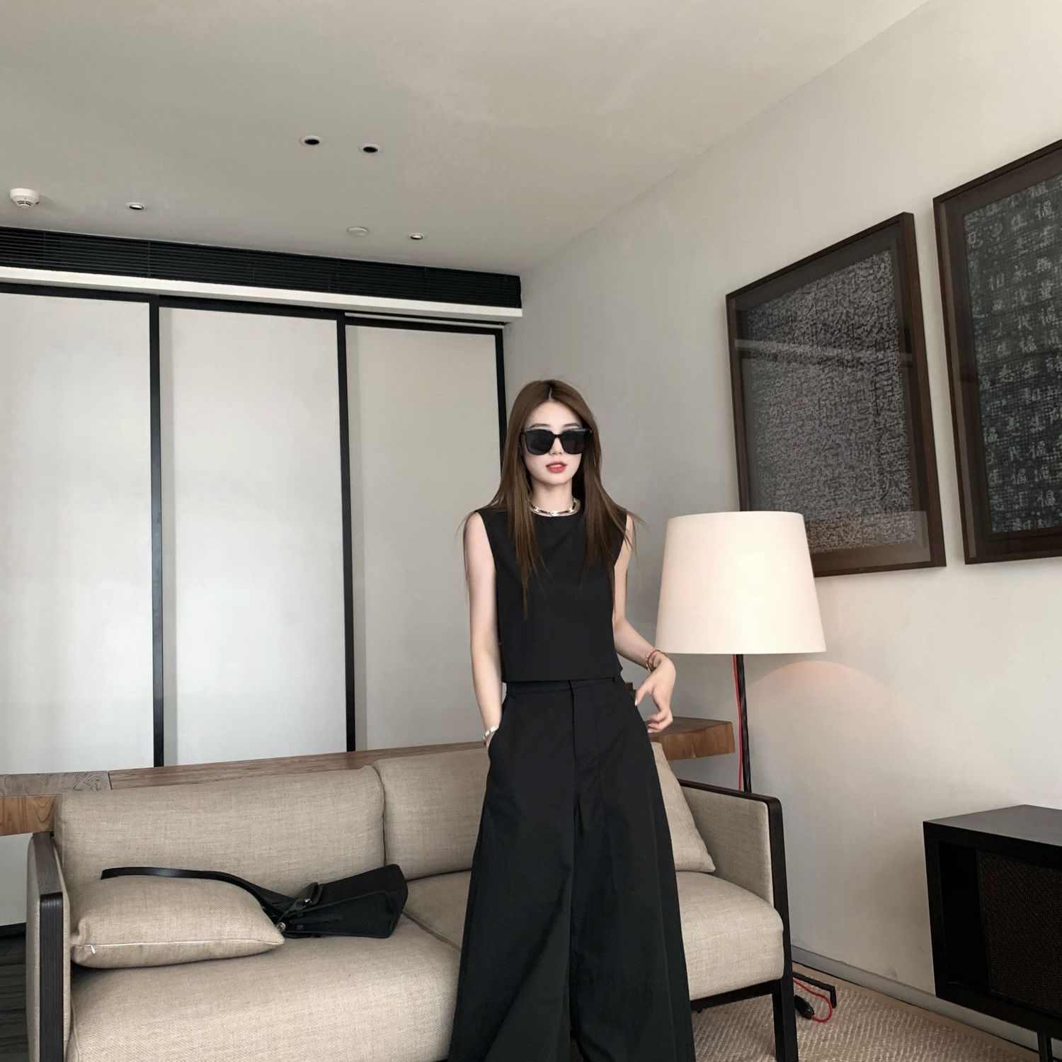 【單件/套裝】極簡設計兩穿無袖背心+寬鬆闊腿褲兩件套裝-HaloBless