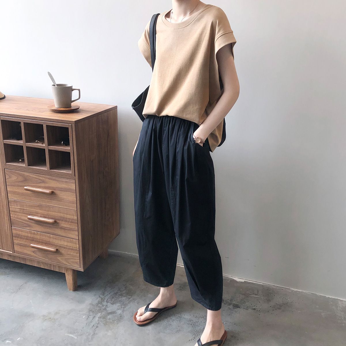 純棉落肩袖高級感寬鬆減齡洋氣短袖t恤-HaloBless