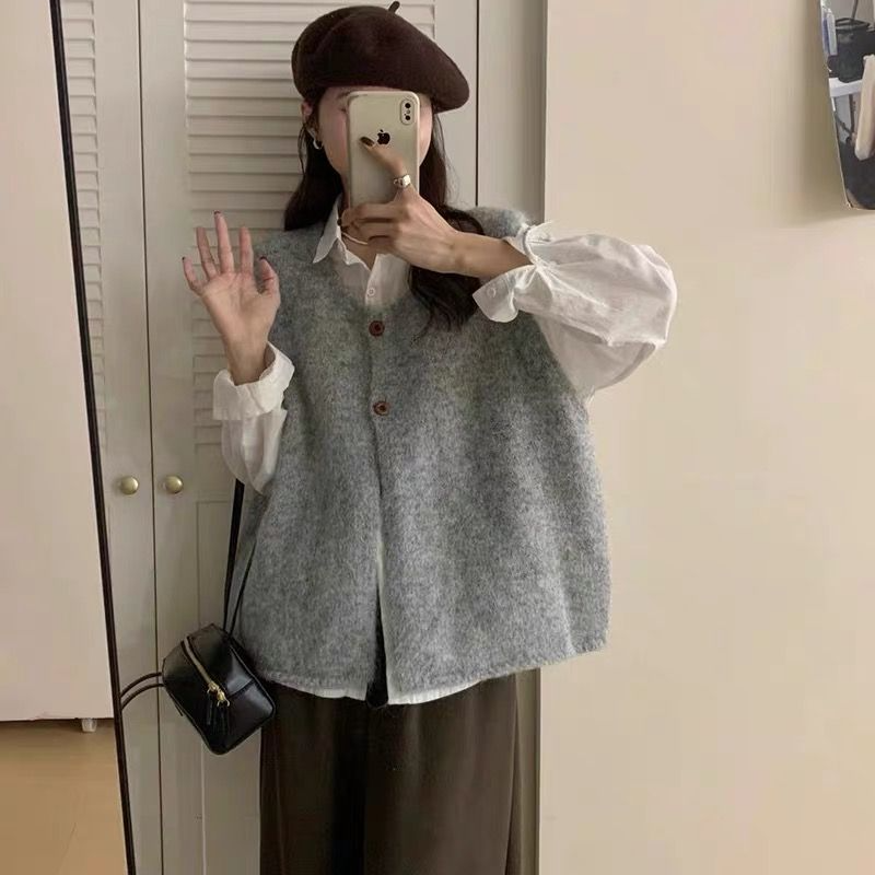 日系復古軟糯圓領坎肩針織馬甲開衫-HaloBless