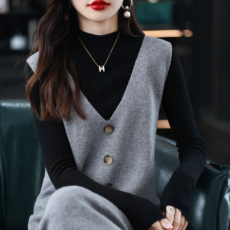 背心裙寬鬆針織無袖V領中長款馬甲連身裙-HaloBless