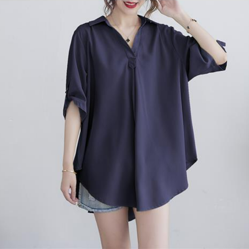 中長款大碼寬鬆收腰顯瘦短袖雪紡衫-HaloBless