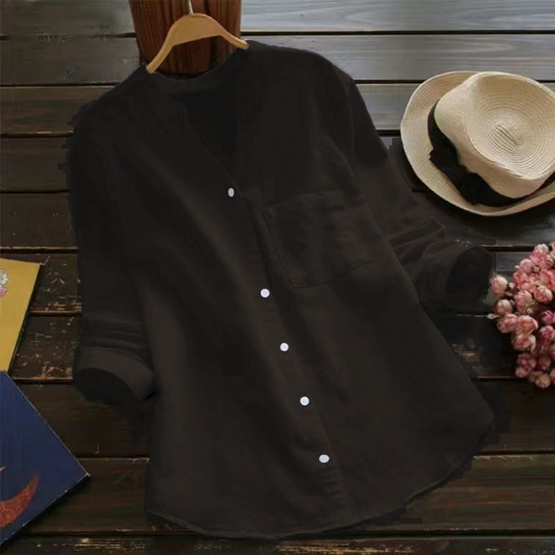 8色棉麻大碼顯瘦文藝v領寬鬆襯衫-HaloBless