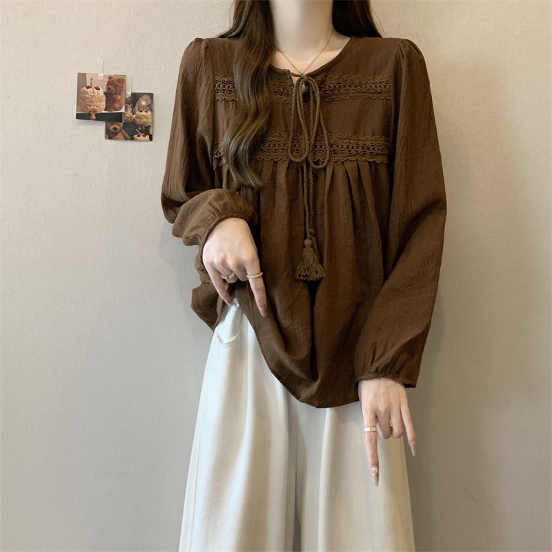 法式鏤空顯瘦復古高級感寬鬆蕾絲刺繡襯衫