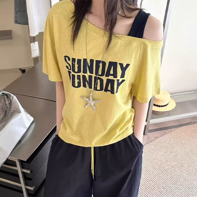 韓版時尚寬鬆顯瘦斜肩吊帶撞色字母短袖T桖-HaloBless