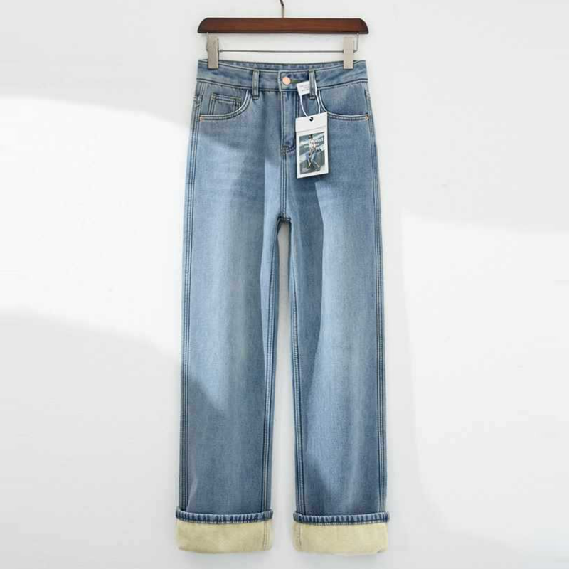 加厚刷毛窄版闊腿高腰寬鬆顯瘦直筒牛仔褲