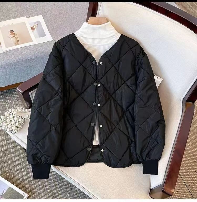 小香風無領菱形格內搭輕薄短版棉服外套