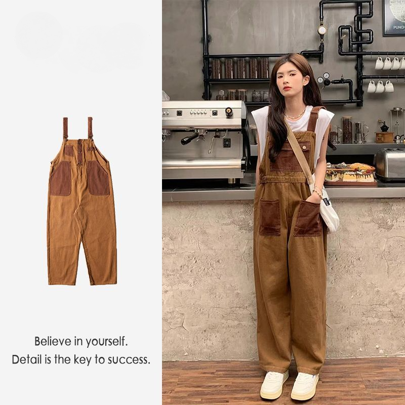 減齡氣質美式高街拼接撞色工裝背帶褲-HaloBless