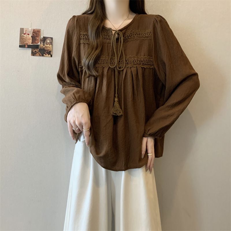 法式鏤空顯瘦復古高級感寬鬆蕾絲刺繡襯衫