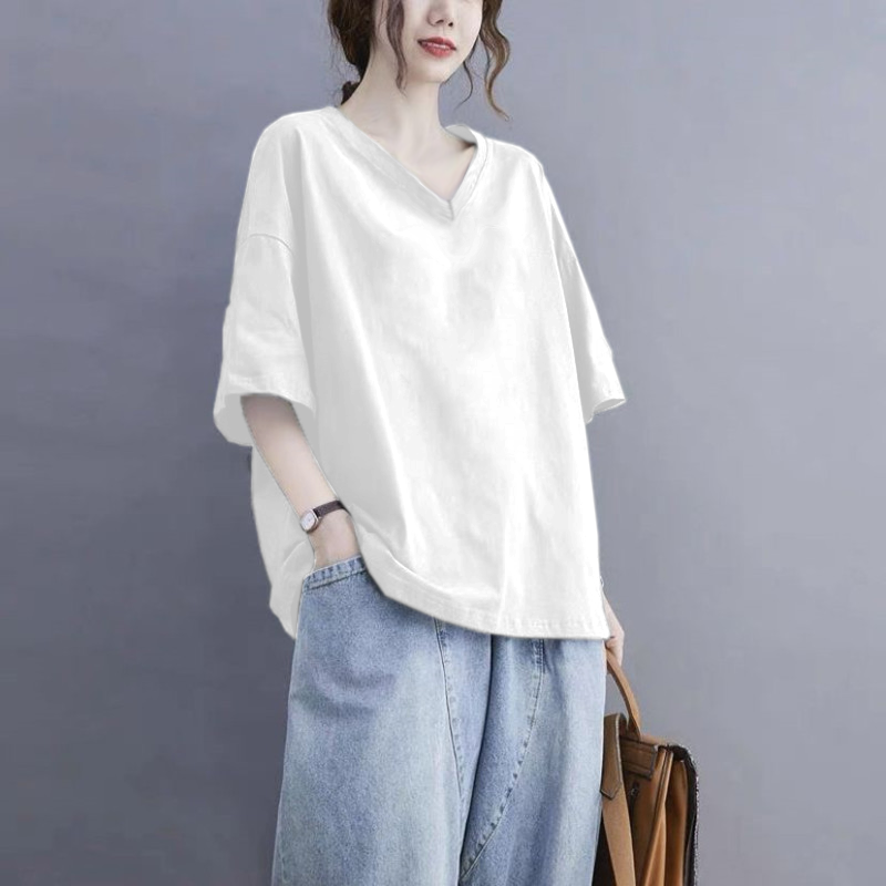 美式慵懶風設計感小眾純棉V領短袖t恤-HaloBless