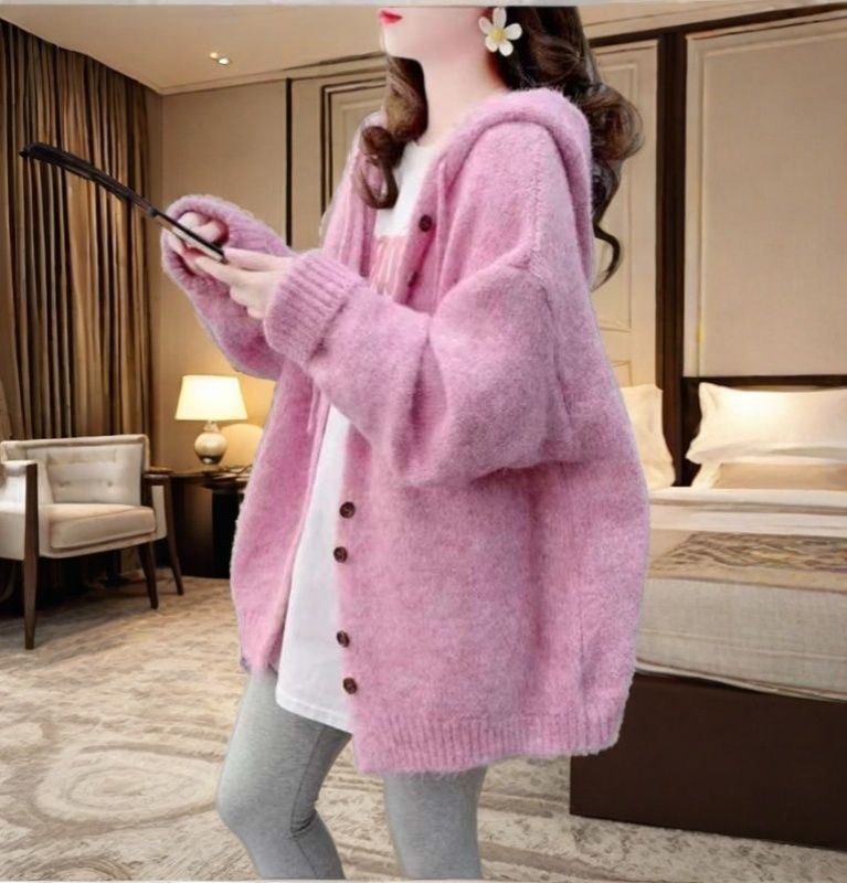 慵懶風百搭韓版寬鬆連帽針織開衫