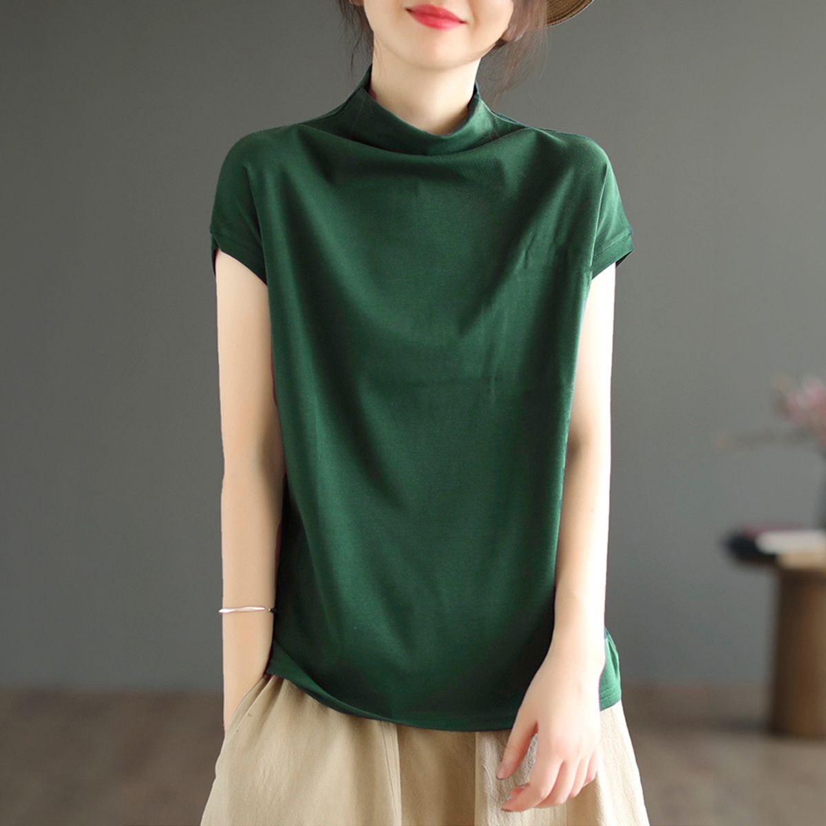 純棉文藝寬鬆顯瘦百搭半高領t恤短袖-HaloBless